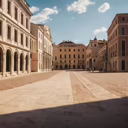 an empty walkway in the middle of a city with buildings