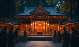 a chinese temple is lit up with lanterns