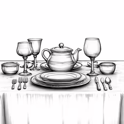 a drawing of dinner table setting with white china