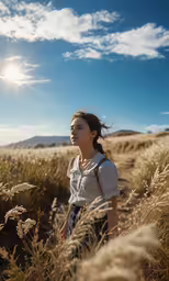 a girl wearing blue jeans and a shirt in a field