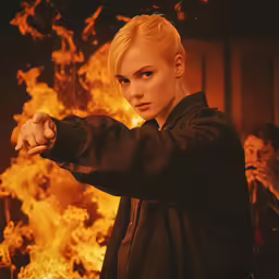 the girl pointing a gun at something near her face
