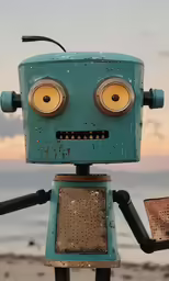a robot with eyes wide open standing on a beach