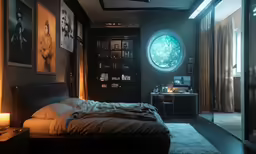 a bedroom with a large bed and wall art