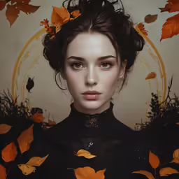 a beautiful young woman with blue eyes wearing a black dress surrounded by yellow leaves