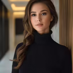 a beautiful young woman leaning up against a pillar