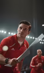 a man holding up a paper next to a ball