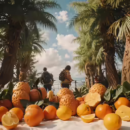 fruit with people and two bicycles in background