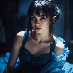 a woman in a blue dress sitting down