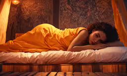 a young lady with long hair laying on her back in an orange dress,a woman laying in a bed covered with orange sheets