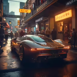 the luxury car is in the middle of a wet city street