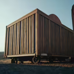 an old building with wooden slats and wheels on the side