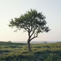 a large green field with a single tree