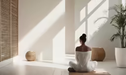 a woman in white sits in a room with wood shutters