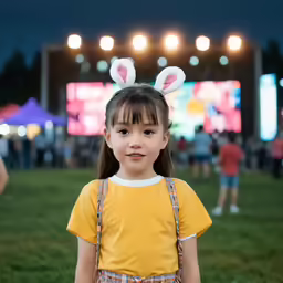 little girl in yellow shirt with bunny ears on head