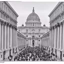 a black and white photograph of an old building with many people walking around