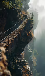 a suspended wooden bridge over a mountain stream in the middle of autumn