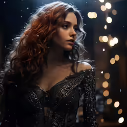 an image of the woman in her black dress looking at something