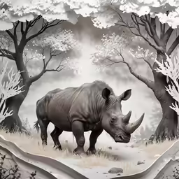 a rhino is walking through a barren area