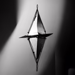 an origami sculpture is suspended over a body of water