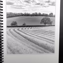 a notebook with a landscape drawn on the cover
