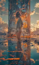 the girl stands next to a large tower in the water