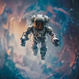 an astronaut floating in space against a colorful background