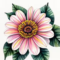 a watercolor painting of a big flower with leaves,a watercolor painting of a pink and white flower,an image of a flower drawn with watercolor,a painting of a flower with green leaves on it,a close up of a large flower on a white background