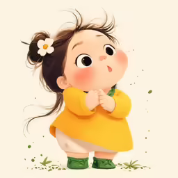 a young girl in yellow holding her hands together and smiling