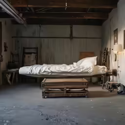 a room that has a bed and chairs