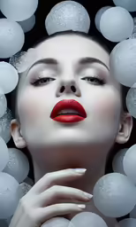 a woman with red lipstick in bubbles with her eyes closed