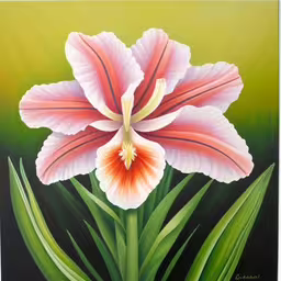 the painting is of a red and white flower,a large flower is painted on the wall,a painting of a flower on a green and yellow background,a painting of a pink flower in green and yellow,painting of two red and white flowers on green grass