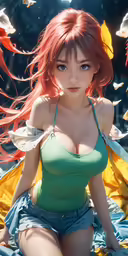 the image shows an anime character in her bikini, revealing a full - figure body