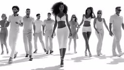 many people walking down a white background in underwear