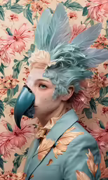 an altered image of a woman with blue feathers covering her face and head