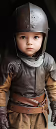 a little boy in a helmet and a leather outfit