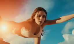 a beautiful woman flying through the sky with her arms in the air