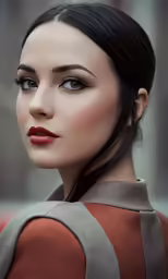 the head and shoulders of a woman with black hair, wearing a red dress and a black ponytail