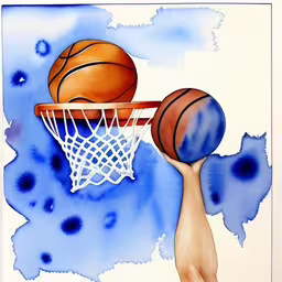 watercolor painting of basketball in a hoop with a hand reaching up for it,a painting of two basketballs on the rim of a basket,a picture of basketballs going through a basket,basketball being played in front of blue spots,a drawing of a basketball going to the basket