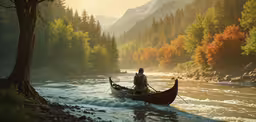 a person on a boat in the water,man riding in a small boat in an empty river