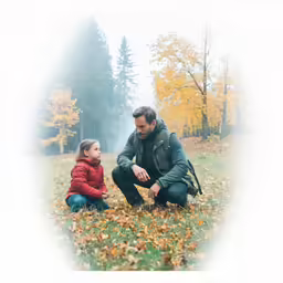 a man sitting on the grass next to a small child
