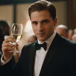 a man is holding a wine glass and wearing a suit