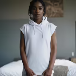 a young black woman in white on a bed