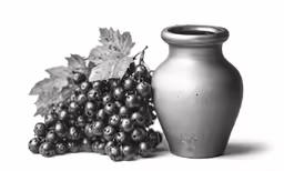 a white vase and some black grapes