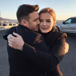 the young man hugs the woman in the street