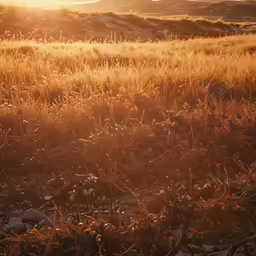 an empty grassy field sits in front of a small mountain
