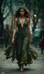 a woman walking down a sidewalk in green dress