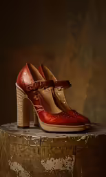 red shoes are on top of wooden surface