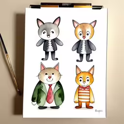 three cute little cats in some different outfits,there is a piece of paper with three different cats on it,a drawing of cats and mice with clothes,a drawing of four little cats dressed in business attire,an image of a group of cats and suits