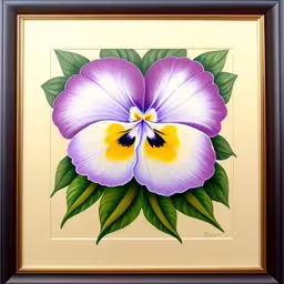 a painting of purple flowers with leaves,an image of an art work with flower