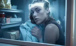 a young woman staring at her reflection in a mirror